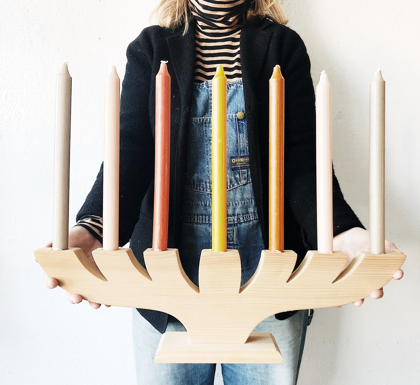 Vintage Handmade Seven Lamp Menorah and Candles