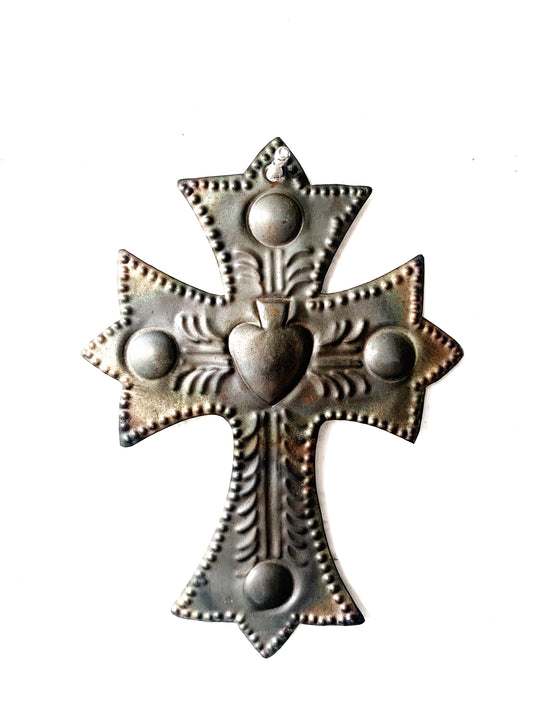 Vintage Pressed Tin Cross with Heart