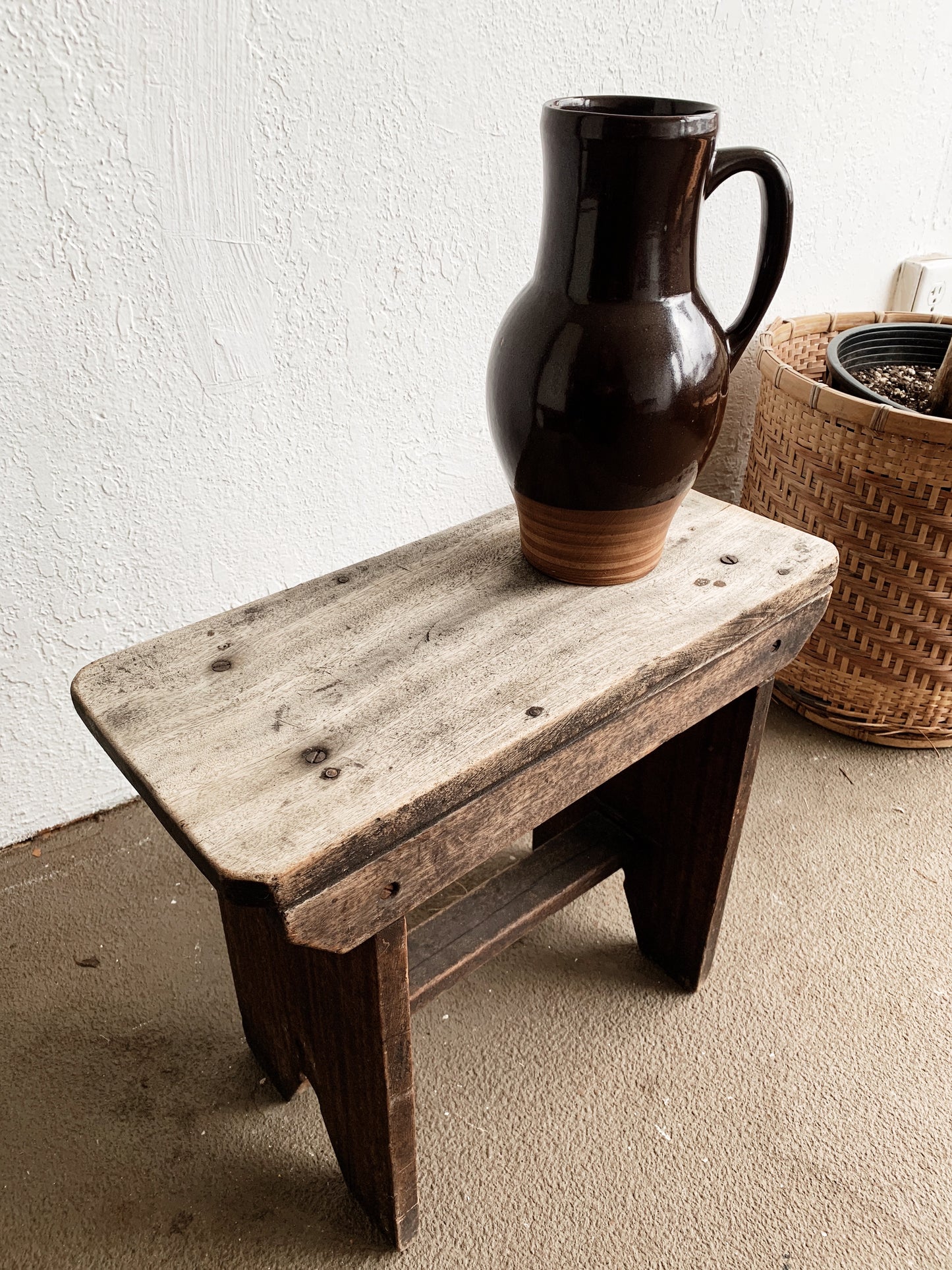 Antique Rustic Wood Stool / Side Table