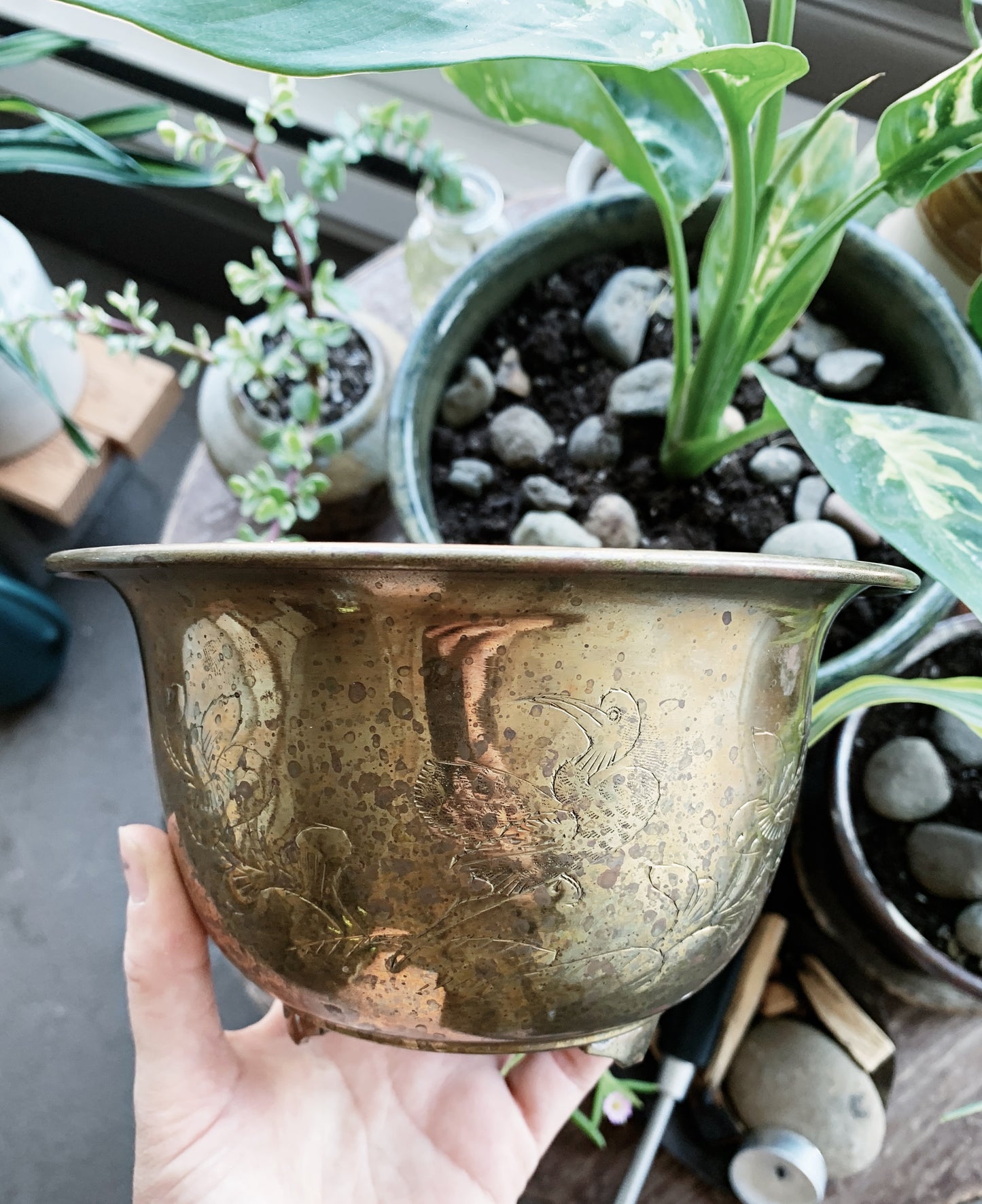 Vintage Incised Brass Plant Pot