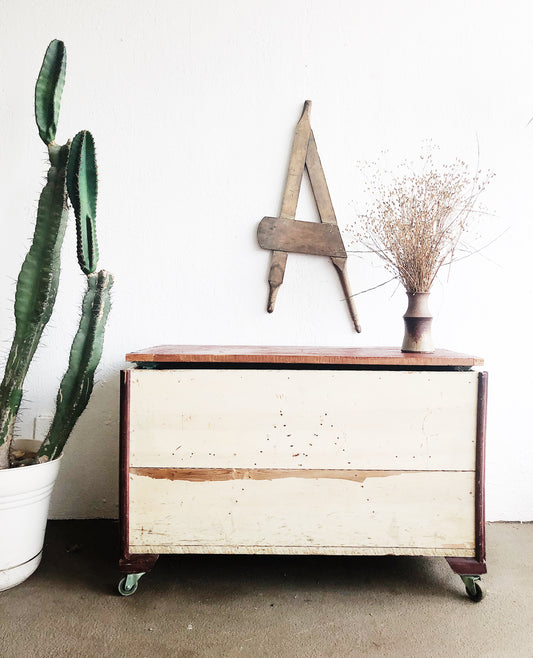 Vintage Handmade Wood Trunk on Wheels