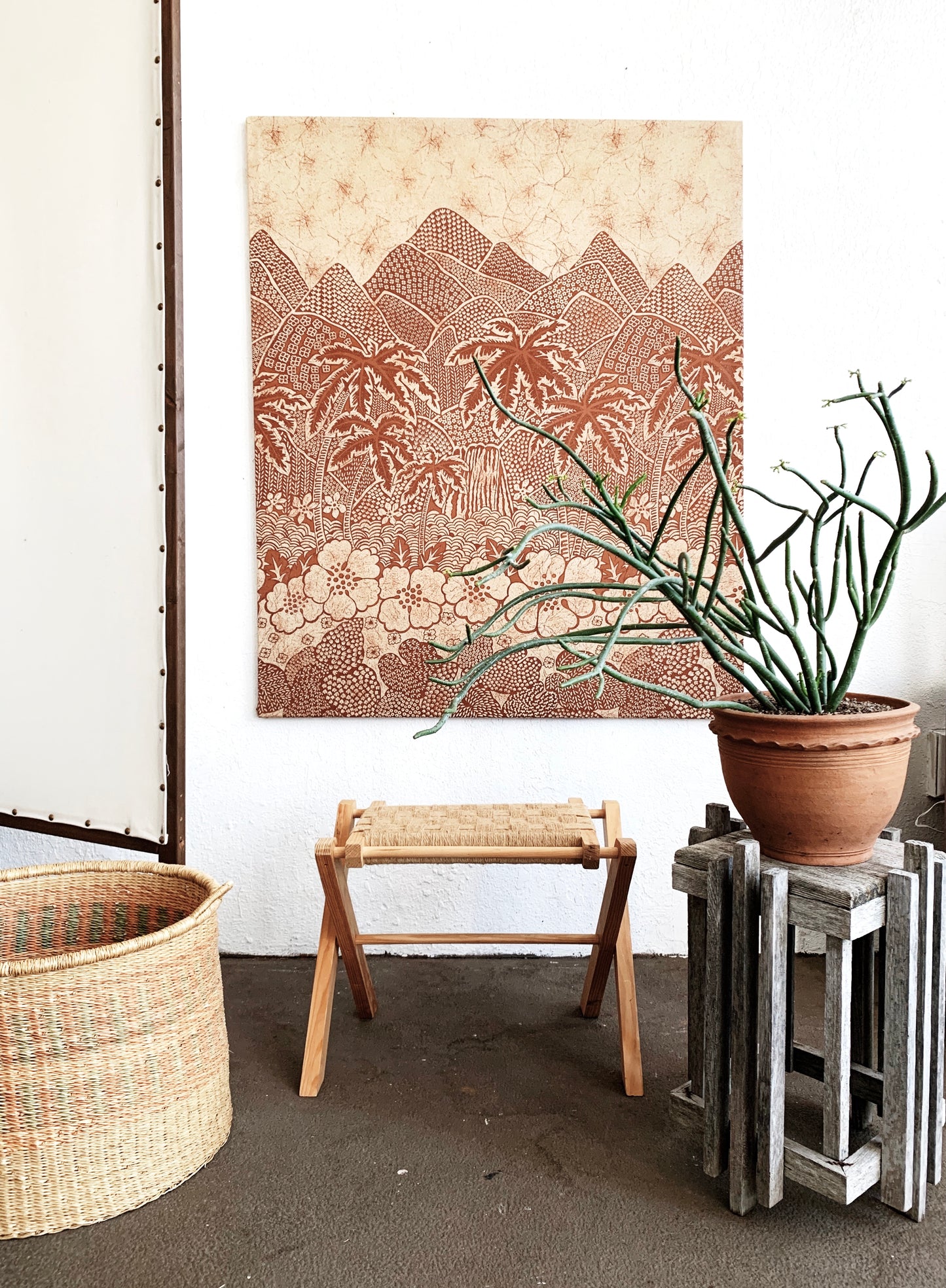 Vintage Collapsible Stool with Woven Seat