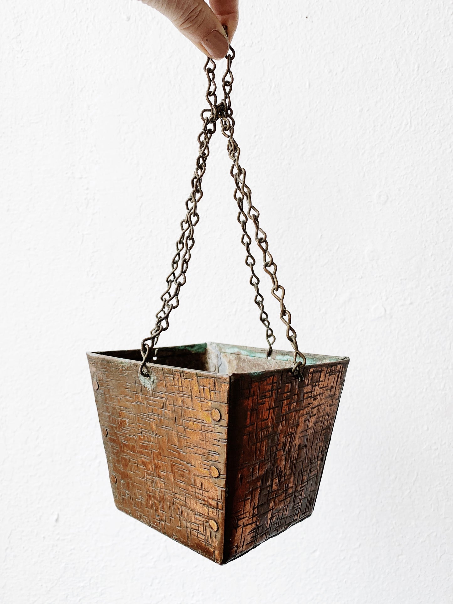 Vintage Etched Copper Hanging Pot