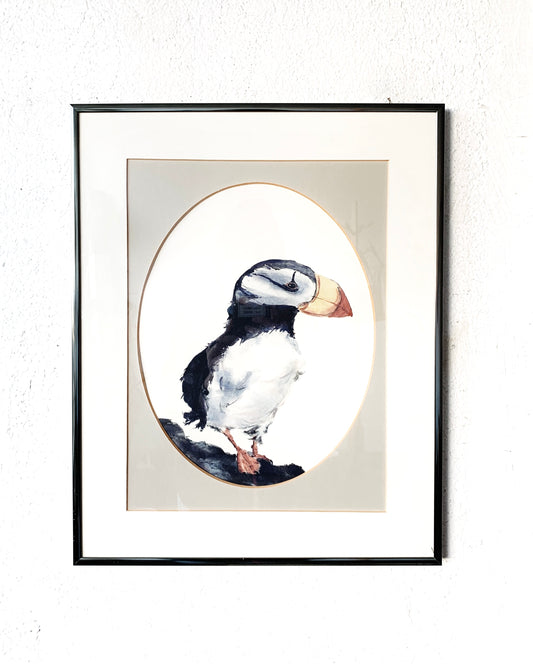 Original Framed Puffin Watercolor Painting