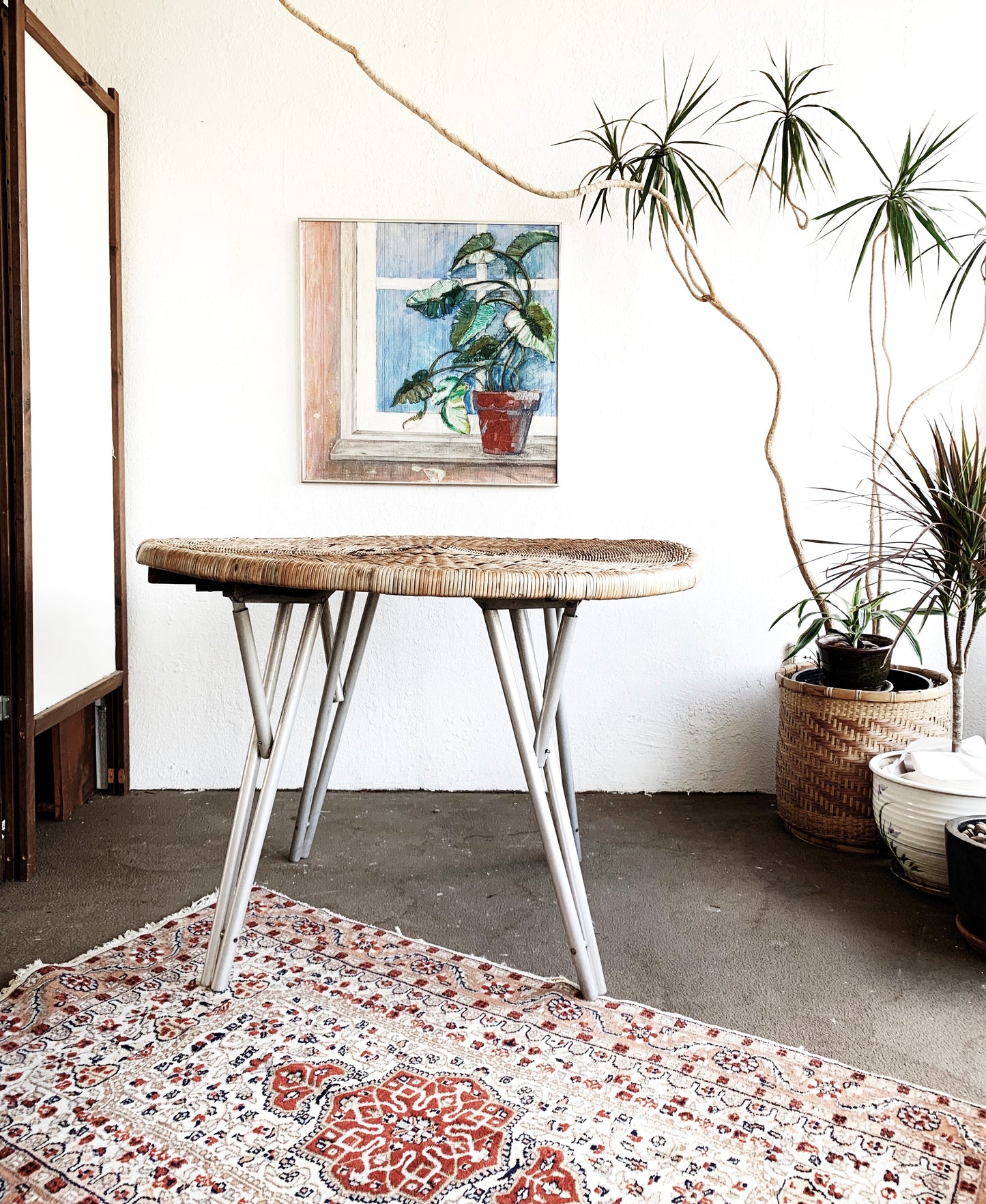 Large Wicker Table with Folding Aluminum Legs