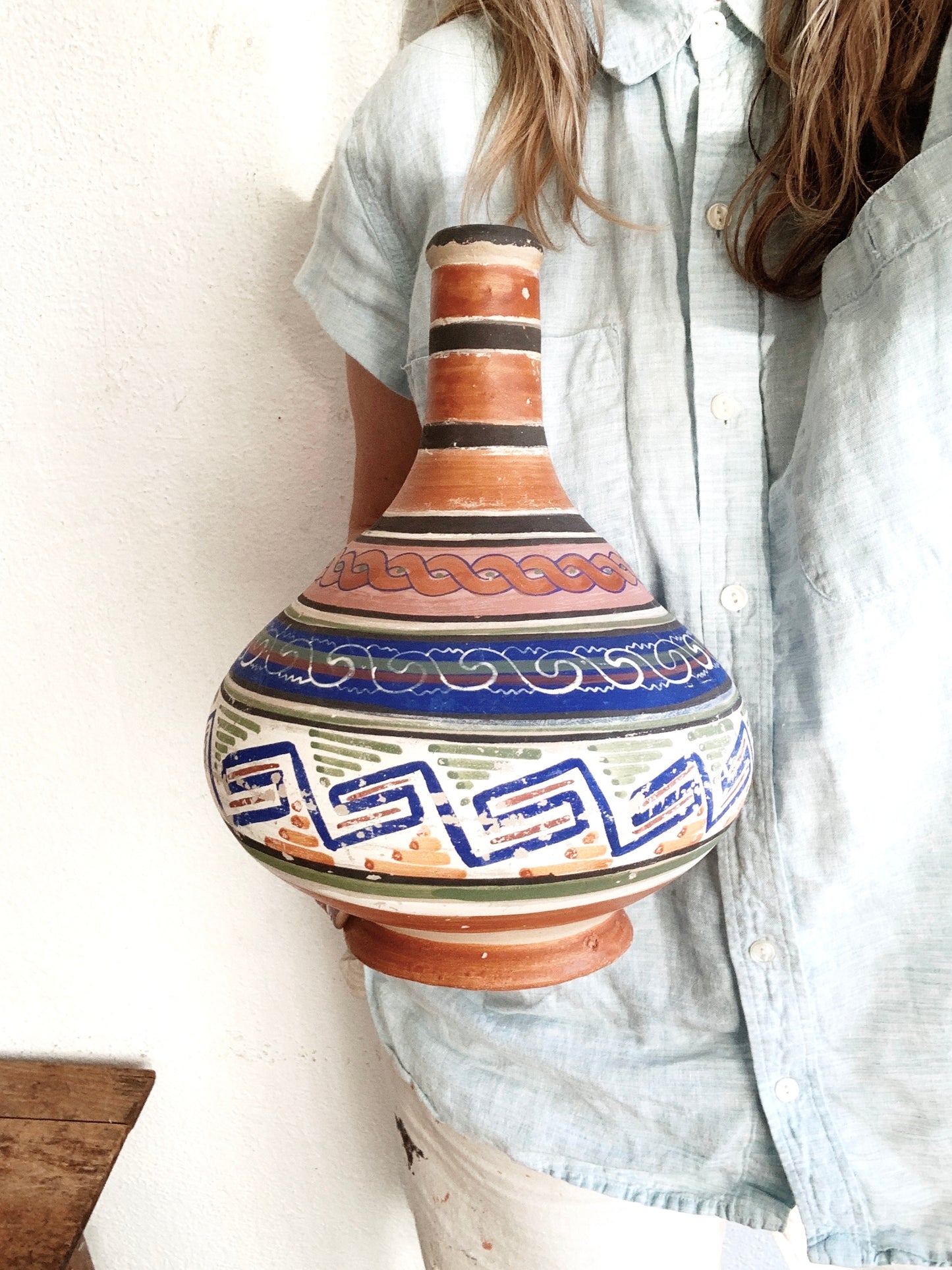 Vintage Hand Painted Mexican Clay Water Jug