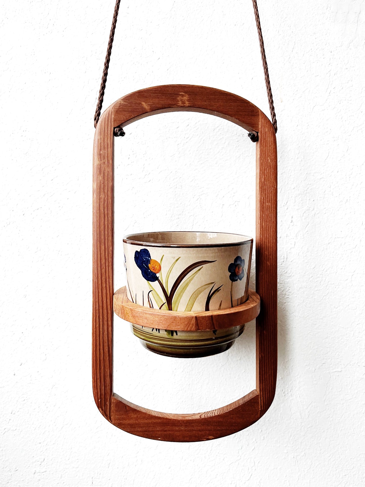Vintage Mid Century Teak Plant Hanger with Pot