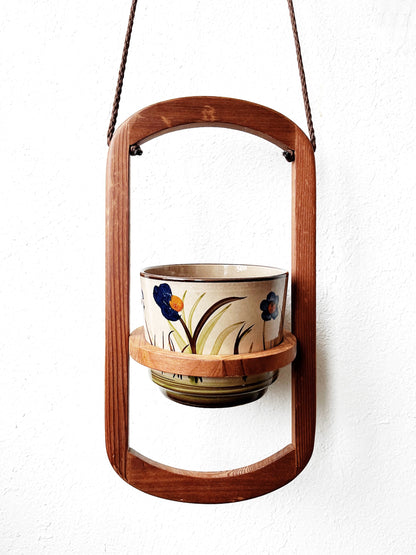 Vintage Mid Century Teak Plant Hanger with Pot