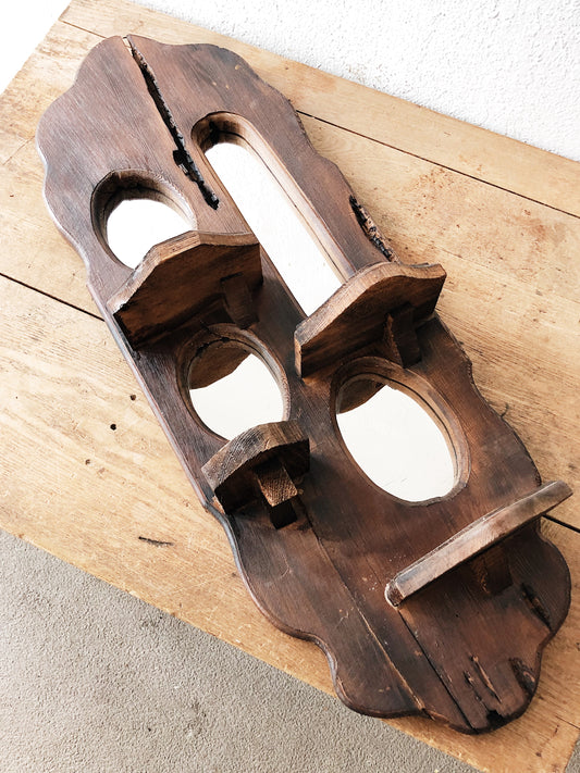 Vintage Handmade Worm Wood Mirror Shelf