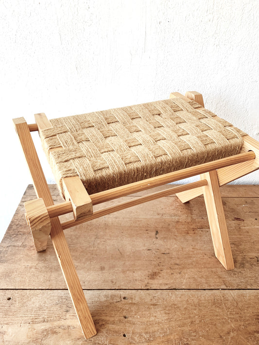 Vintage Collapsible Stool with Woven Seat