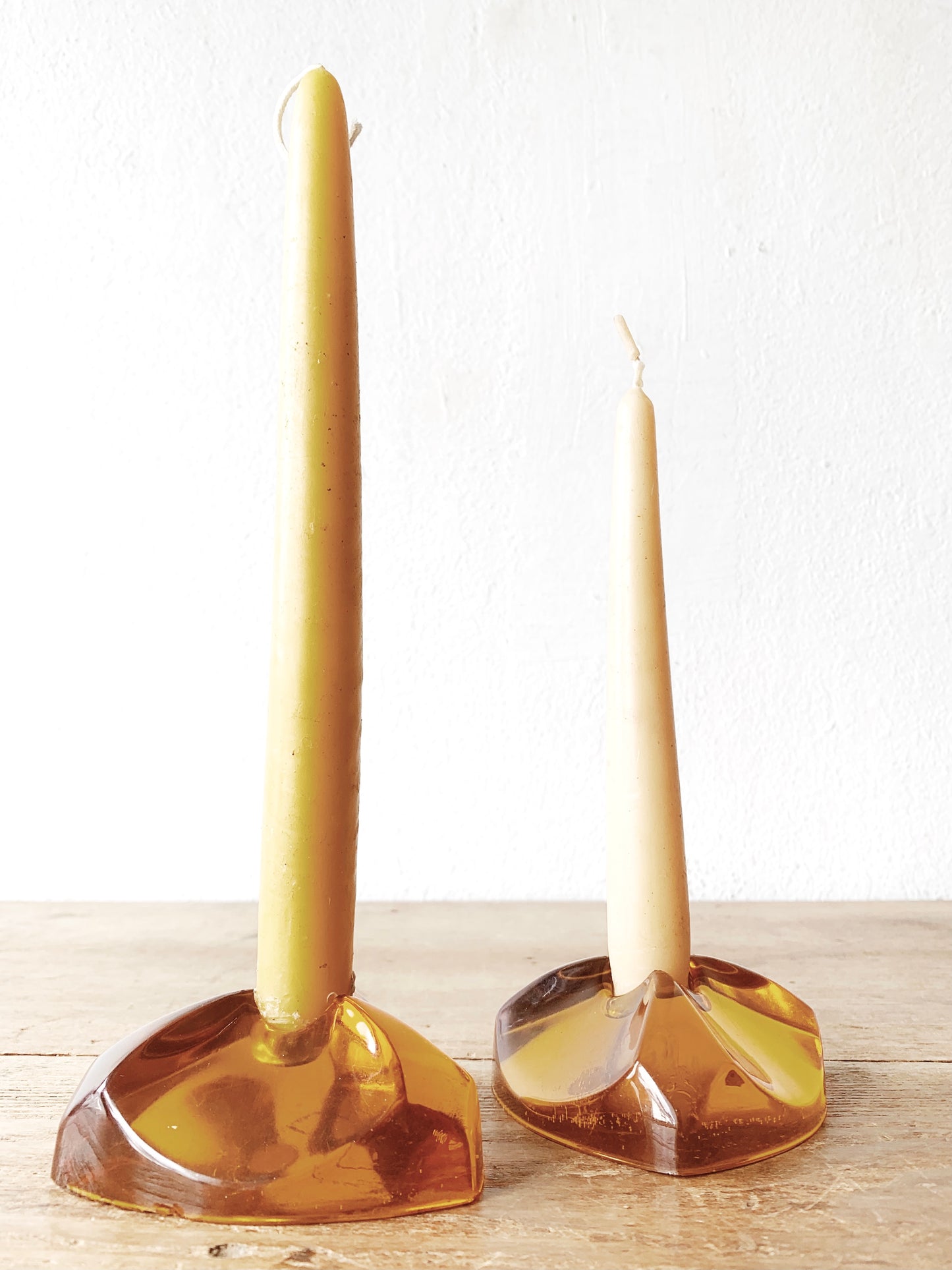 Mid Century Amber Resin Candle Holder Pair