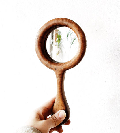 Vintage Chunky Wood Hand Mirror