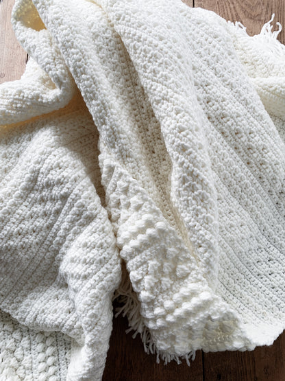 Handmade Popcorn Stitch Creamy White Afghan