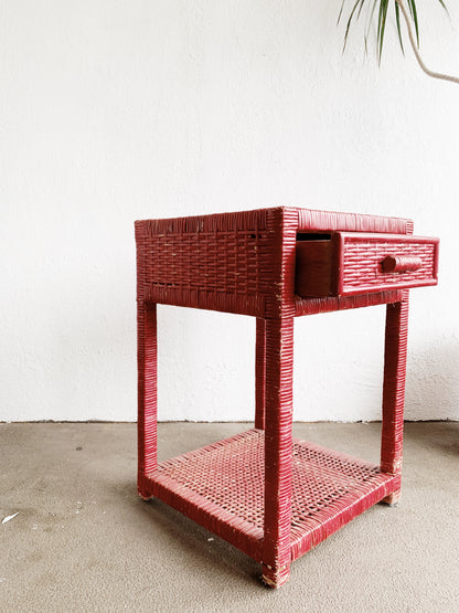 Vintage Wood Framed Wicker Side Table/Nightstand