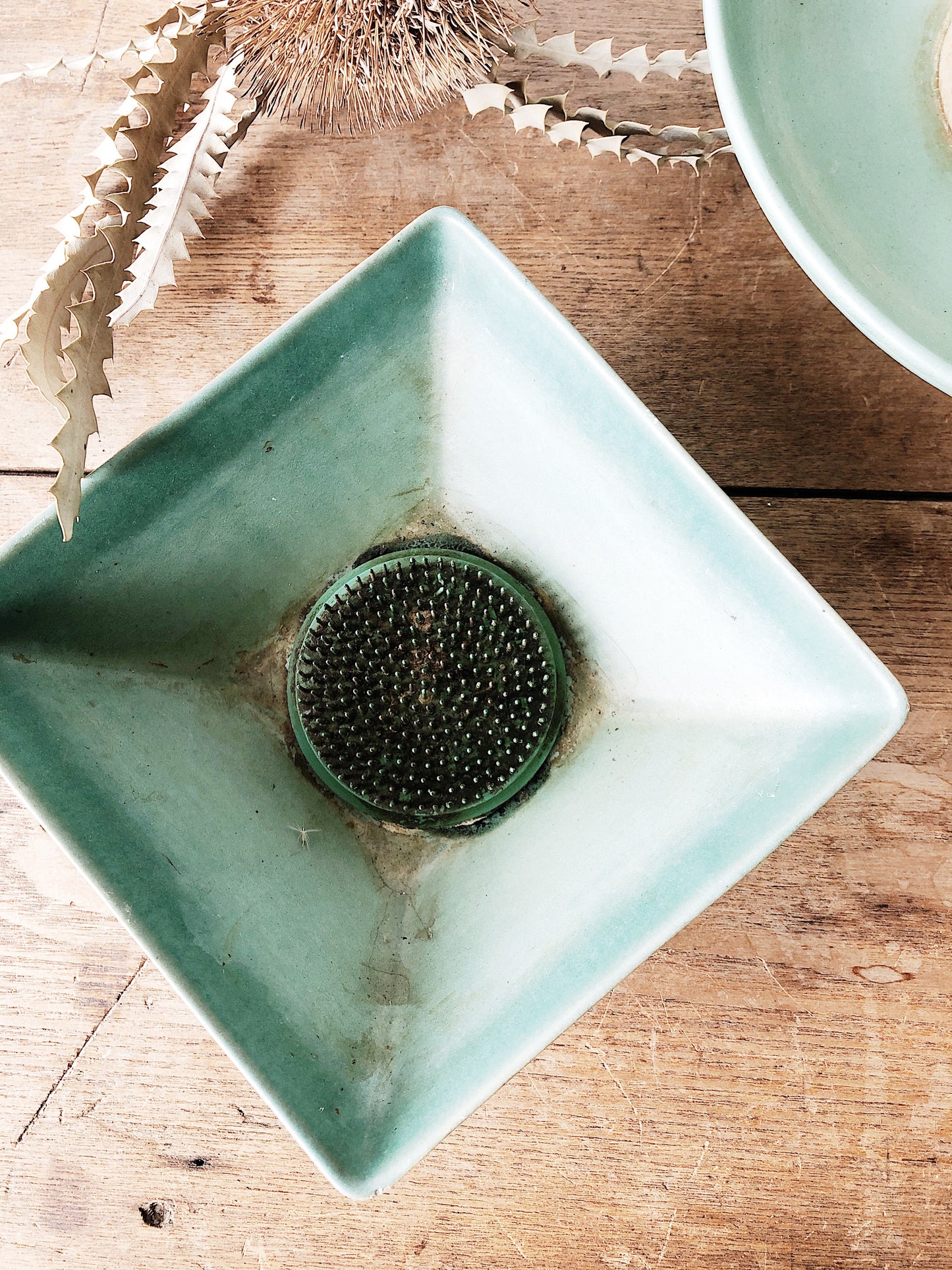 Vintage Turquoise Square Ceramic Ikebana Planter