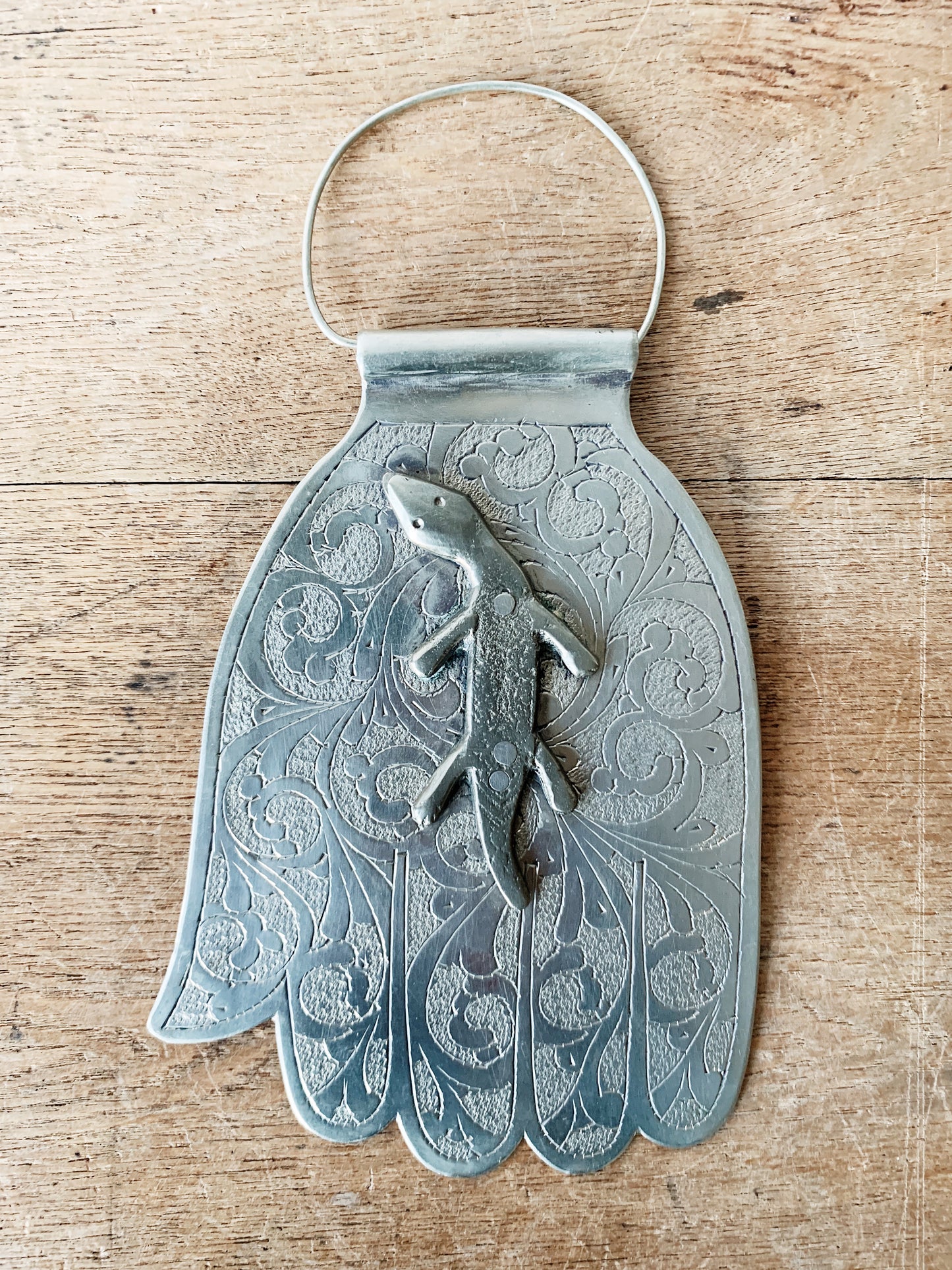Vintage Incised Tin Hamsa with Lizard