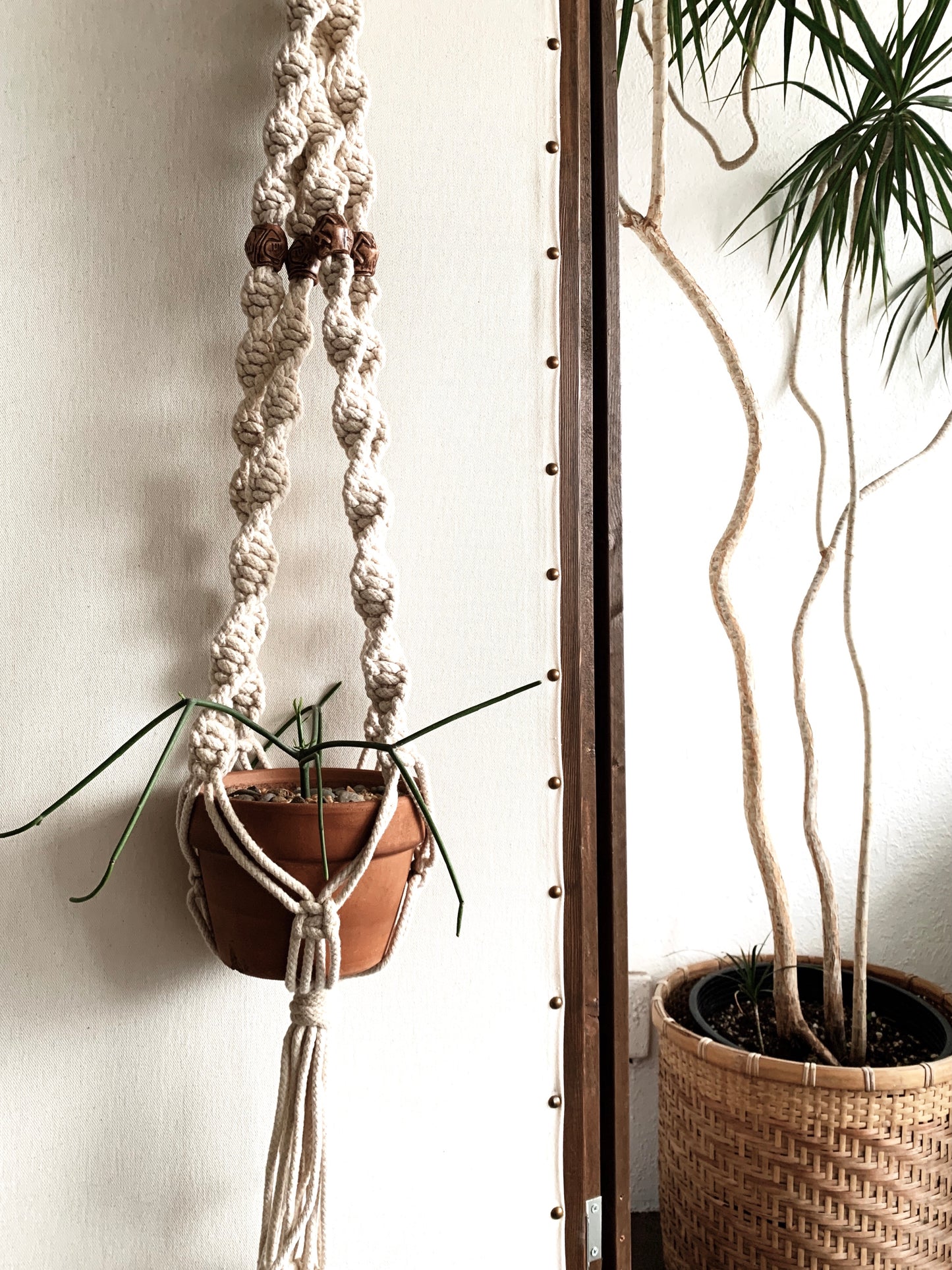 Large Cotton Macrame Plant Hanger with Handmade Clay Beads