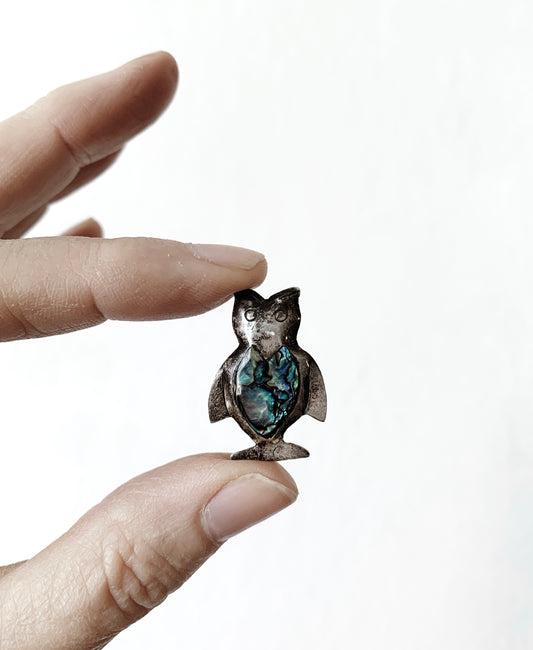 Antique Silver Owl Pin with Abalone Inlay