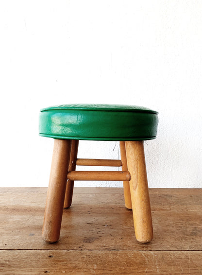 Small Vintage Upholstered Wood Stool