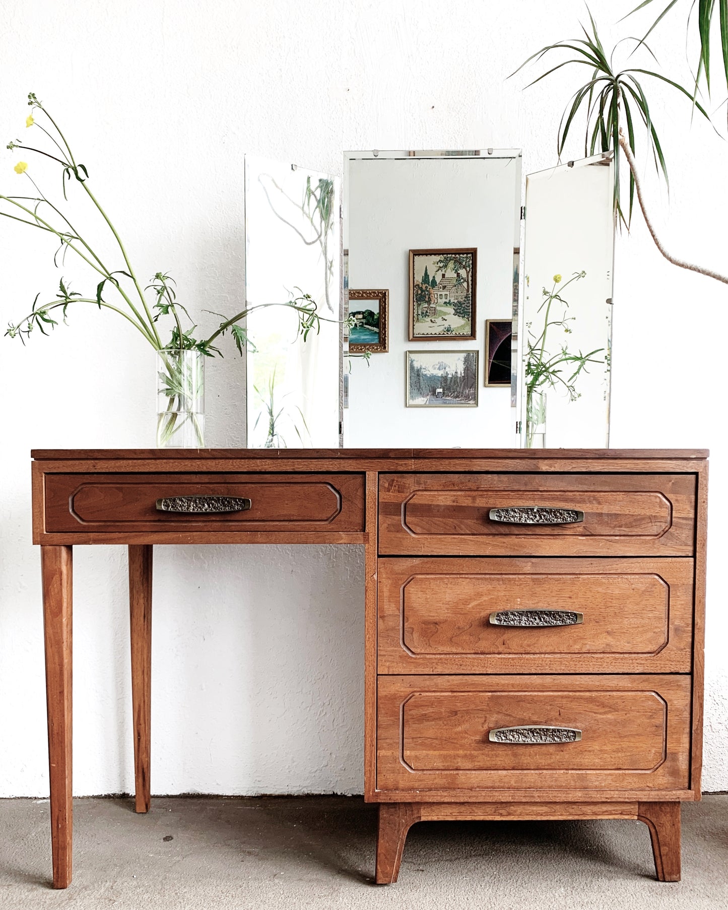 Mid Century Triple Beveled Dresser Mirror
