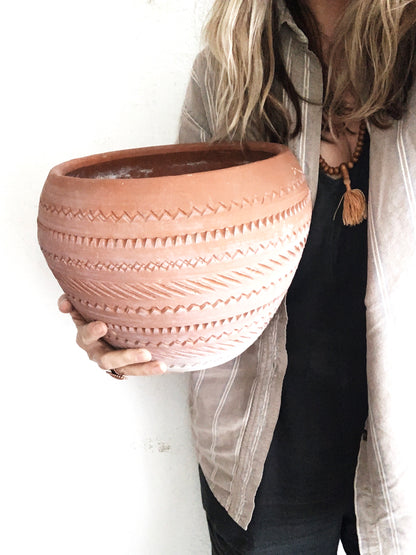 Large Incised Terra Pot with Drainage