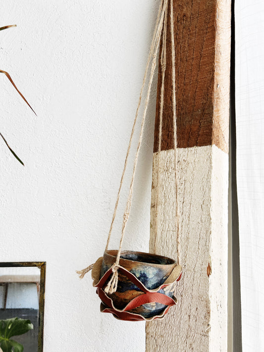 Handmade Leather Hanger with Vintage Stoneware
