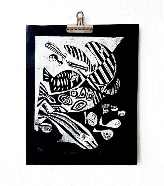 Original Vintage Les Poissons Woodcut Print