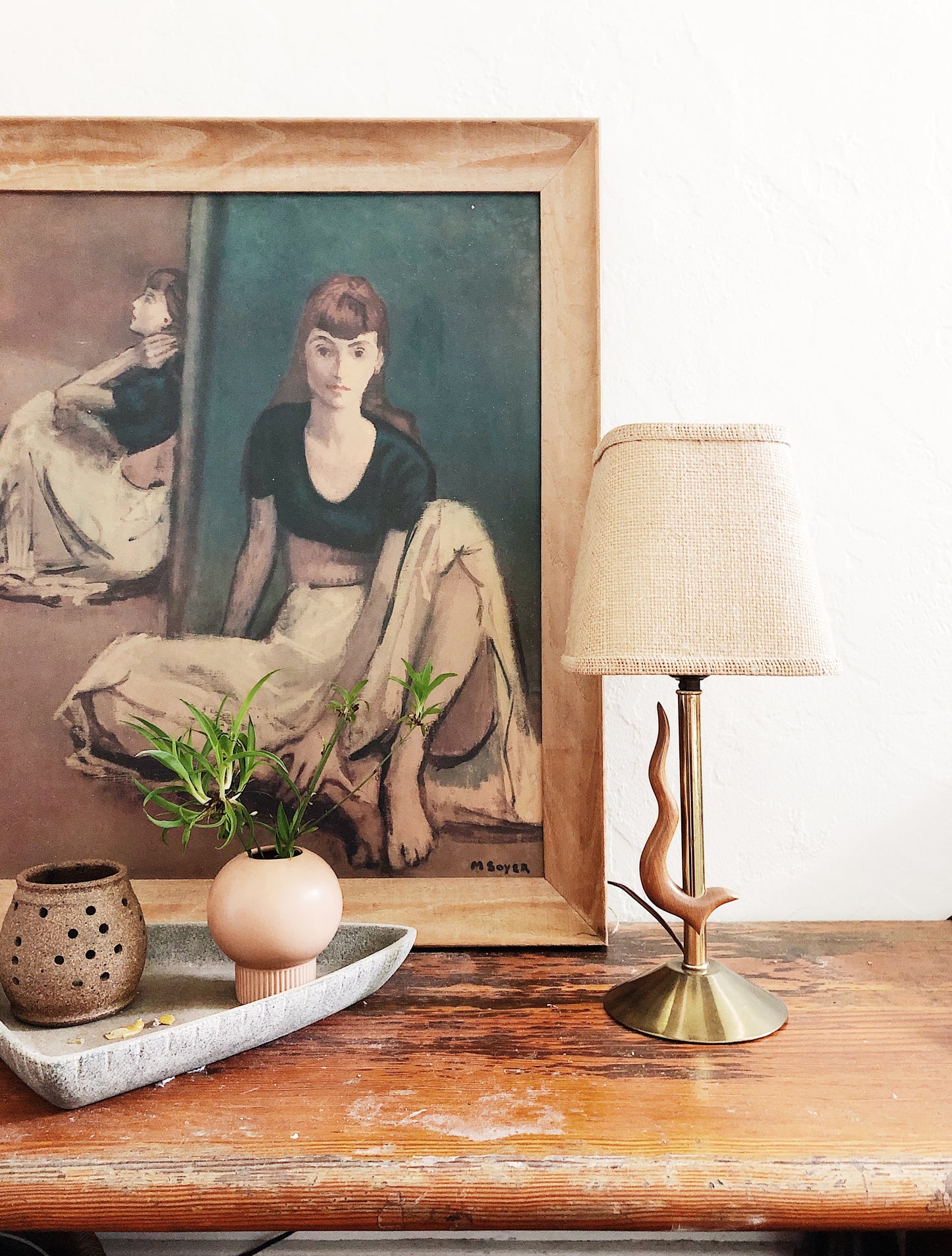 Mid Century Teak and Brass Lamp