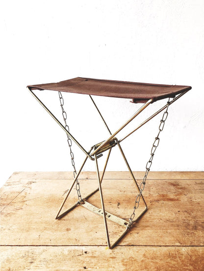 Vintage Brass and Canvas Folding Camp Stool