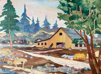 Vintage Barn Landscape Oil Painting