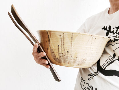 Giant Handmade Ceramic Bowl and Wood Servers