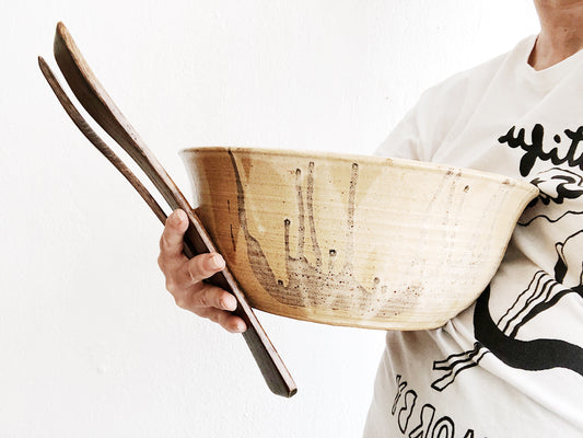 Giant Handmade Ceramic Bowl and Wood Servers