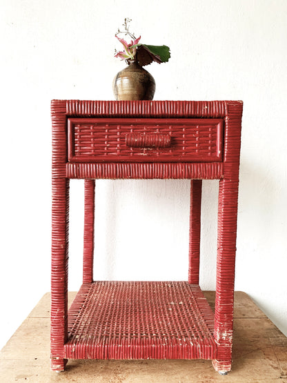 Vintage Wood Framed Wicker Side Table/Nightstand
