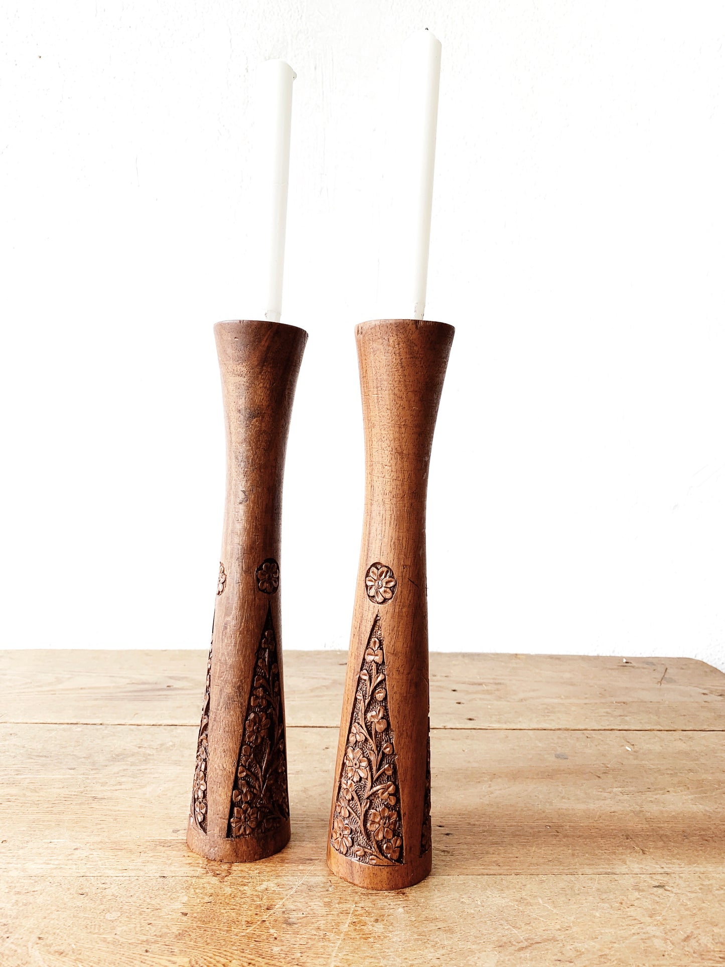 Mid Century Carved Wood Candle Holders
