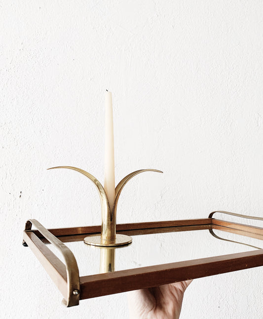 Mid Century Mirrored Wood and Brass Tray