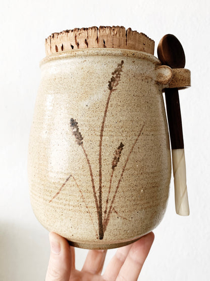 Vintage Stoneware Crock with Wood Spoon