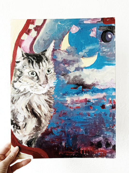 Vintage Whimsical Cat with the Moon Painting
