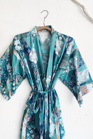 Turquoise Floral Cotton Robe / Kimono