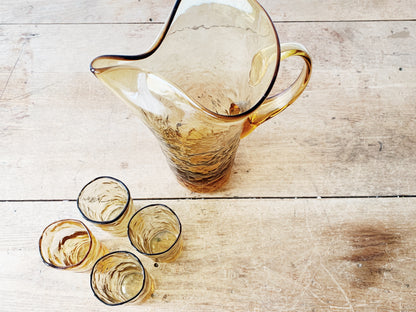 Mid Century Wavy Amber Glass Set