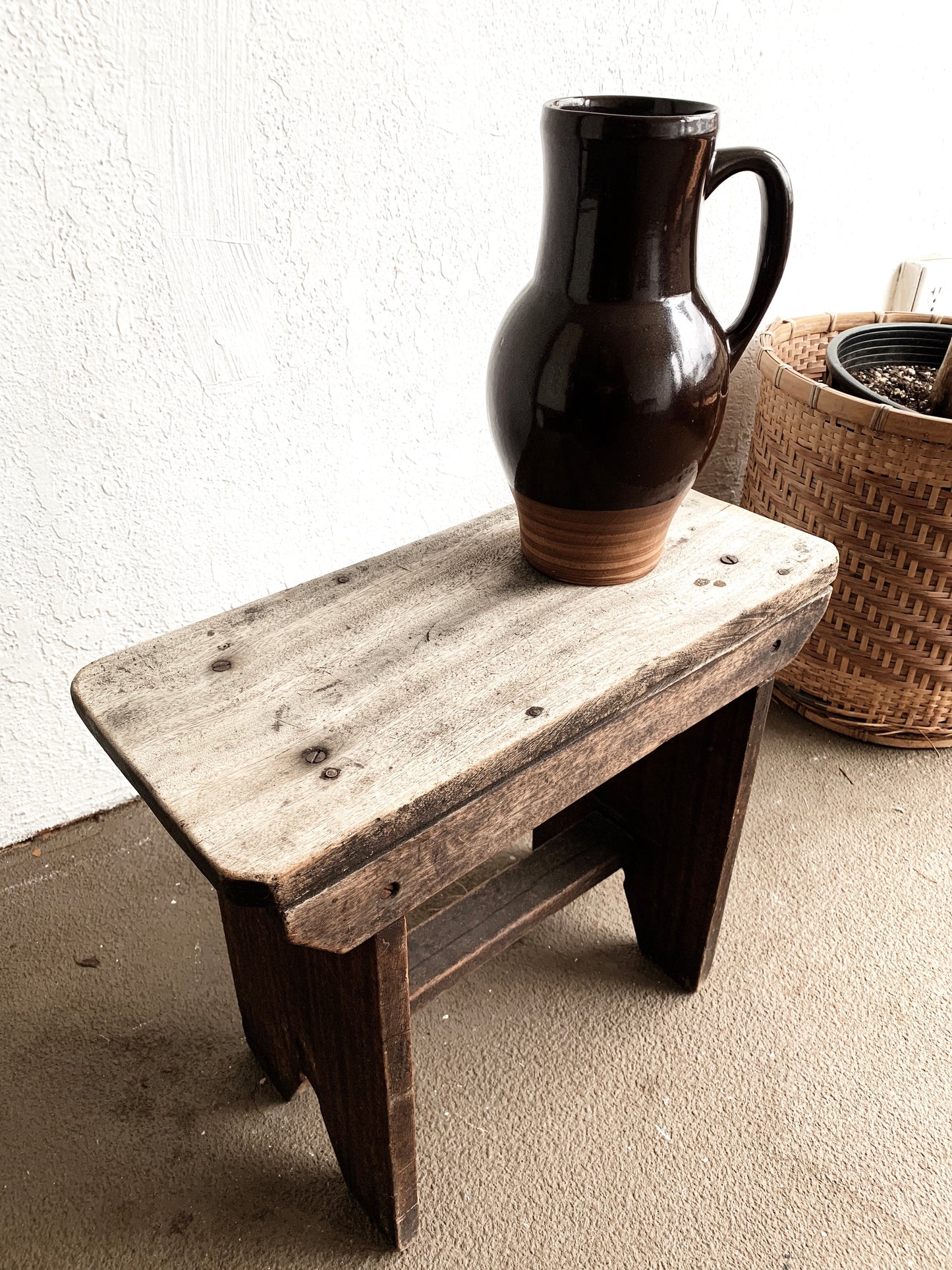Antique Rustic Wood Stool / Side Table