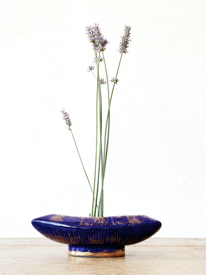 Mid Century Japanese Ceramic With Vintage Metal Flower Frog