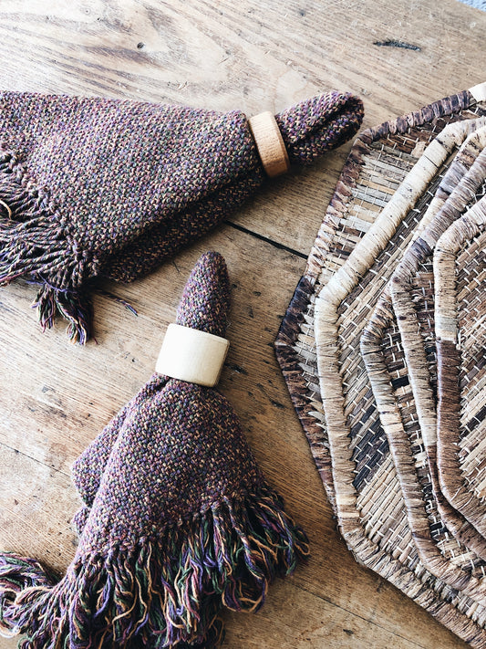 Vintage Woven Napkin and Wooden Rings Set