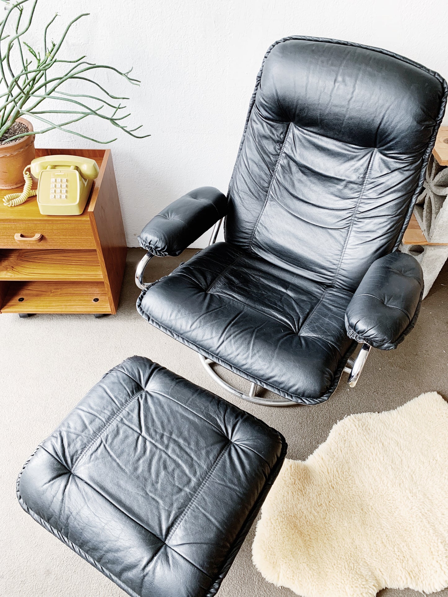 1970’s ChairWorks Black Leather Recliner with Ottoman