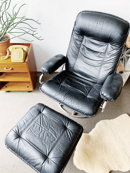 1970’s ChairWorks Black Leather Recliner with Ottoman