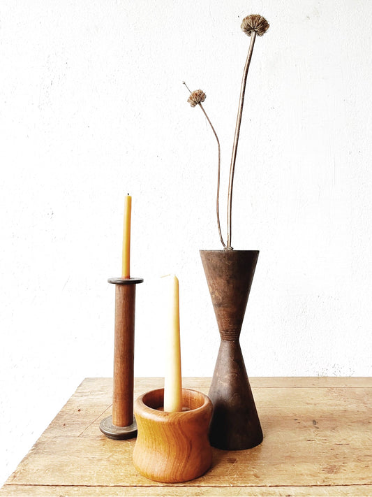 Vintage Wood Candlestick Trio