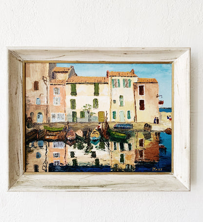 Vintage Framed Oil Painting French Fishing Village
