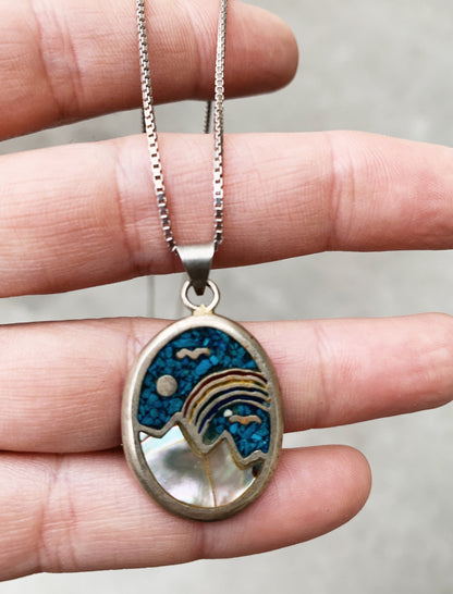 Vintage Landscape Charm with Silver Box Chain