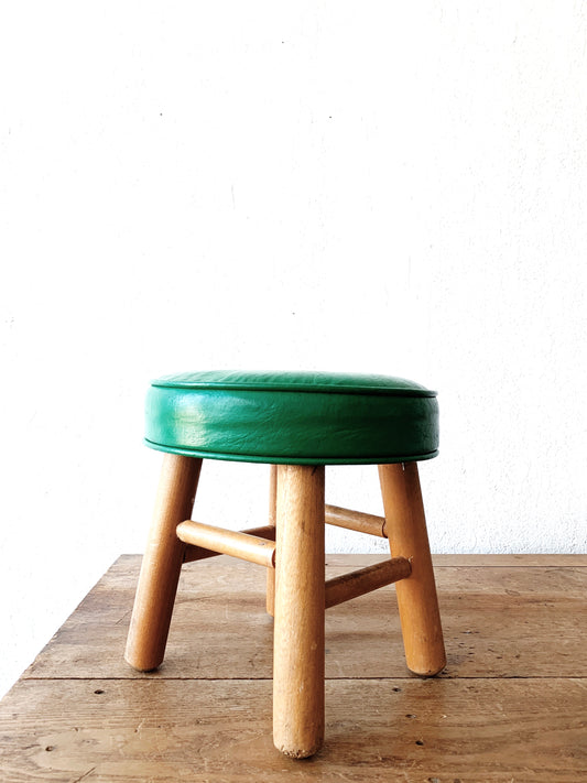 Small Vintage Upholstered Wood Stool
