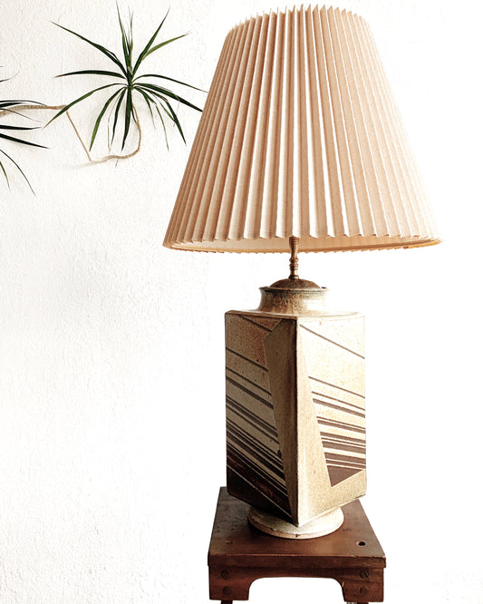 Large Art Pottery Lamp with Pleated Shade