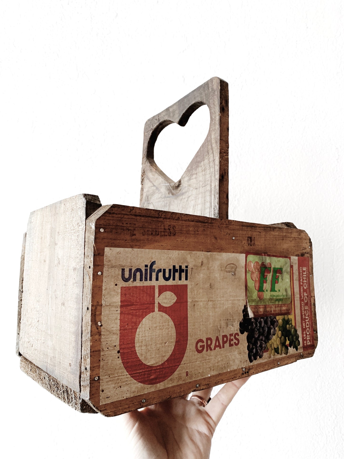 Vintage Wood Fruit Box with Heart Handle